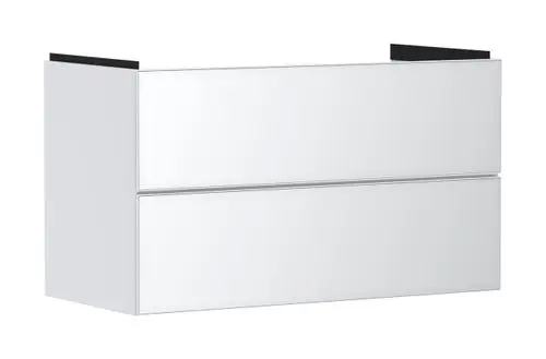 Weißer Waschtischunterschrank von Hansgrohe mit zwei Schubkästen, minimalistischem Design und geschlossenen Fronten, für die Montage unter einem Waschtisch geeignet.
